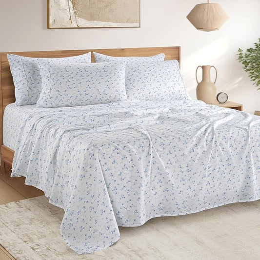 Casa Platino 100% Cotton Sheets Split King Size Set - 7 Pieces (1 Flat, 2 Fitted, 4 Pillowcases) - Soft, Breathable & Cooling Percale Bed Sheets with Deep Pocket - Split King Sheet Set - Floralis