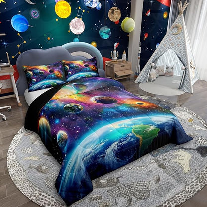 Feelyou Universe Galaxy Comforter Set Twin Size Kids Planets Earth Bedding Set Boy Girl Teen Solar System Comforter Breathable Outer Space Duvet Set Nebula Quilt Set