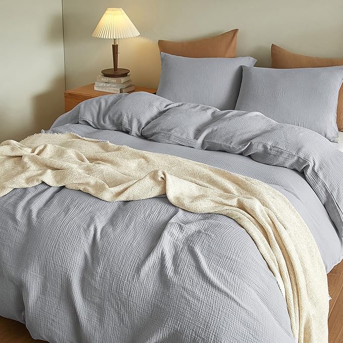 SE SOFTEXLY Muslin Duvet Cover Queen Size, 100% Washed Cotton Duvet Cover Set, Ultra Soft Comforter Cover Linen Like, 3 Pieces Minimalist Gauze Duvet Cover with 2 Pillowcases, 90"x90", Light Grey