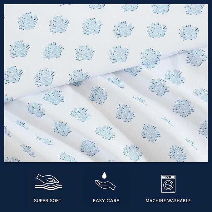 Nautica - Sheet Set, Breathable & Cooling Microfiber Bedding with Matching Pillowcase, Deep Pocket, Fully Elasticized (Coastal Coral Ocean Breeze Blue, Twin XL)