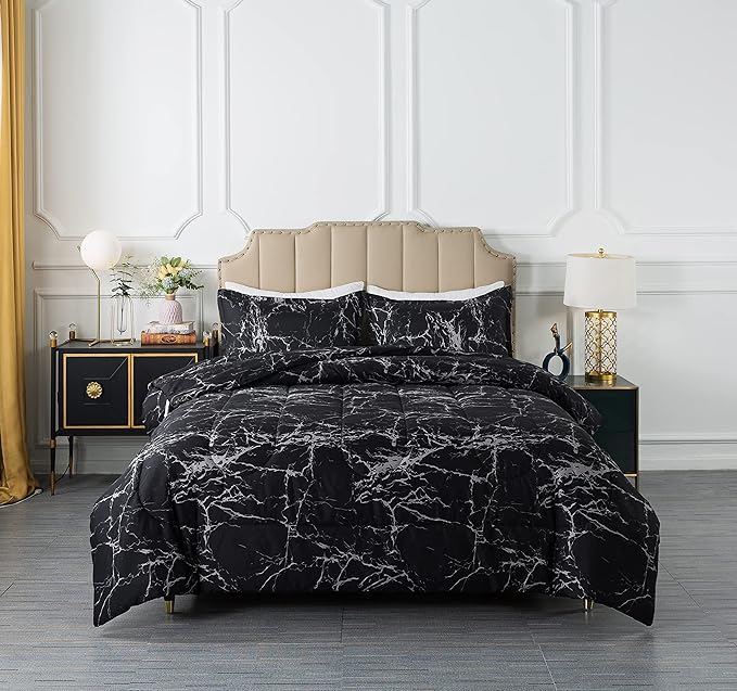 Caressma Black Marble Comforter Set King, 3 Pieces Modern Pattern Soft Microfiber Bedding Comforter Set, Down Alternative Comforters for All Season (104 * 90")