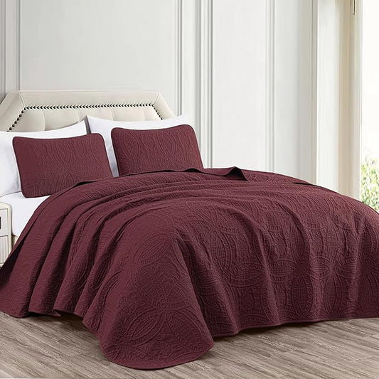 Chezmoi Collection Austin 3-piece Oversized Bedspread Coverlet Set (Queen, Burgundy) | Oversized, Lightweight, Fade Resistant
