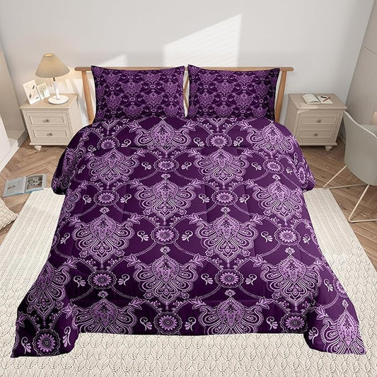 Feelyou Adults Purple Vintage Damask Floral Comforter Set Antique Drawing Classical Paisley Comforter Queen Size Gothic Bohemia Boho Floral Bedding Set Hotel Style Duvet Set Quilt Set 3Pcs