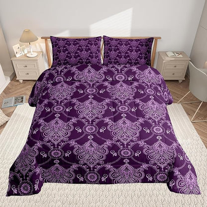 Feelyou Adults Purple Vintage Damask Floral Comforter Set Antique Drawing Classical Paisley Comforter Twin Size Gothic Bohemia Boho Floral Bedding Set Hotel Style Duvet Set Quilt Set 2Pcs