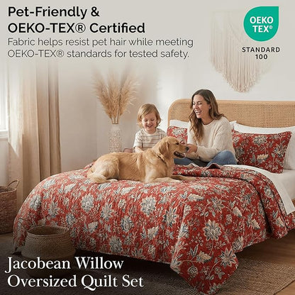 Southshore Fine Living, Inc. Oversized Quilt Bedding Set, 2-Piece Twin XL Coverlet with Matching Sham, Jacobean Willow Floral Coverlet, All Season Quilt Bedspread, Lightweight Twin Quilts, Red