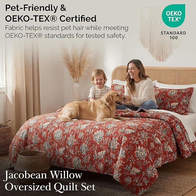 Southshore Fine Living, Inc. Oversized Full/Queen Quilt Bedding Set, Jacobean Willow Floral Quilt Set Queen or Full Size with 2 Matching Pillow Shams, Lightweight Bedspread, Soft and Cozy, Red