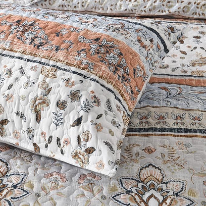 Boho Style King Quilt Set Mocha Brown Bohemian Floral Strip Quilt Beddding Set, Soft and Lightweight Bedspread for All Season, Oversize King Bed Coverlet with 2 Matching Pillow Shams (3 Pieces)