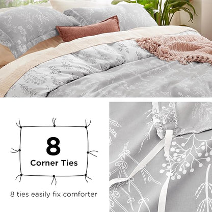 Bedsure Duvet Cover Queen Size - Reversible Grey Queen Duvet Cover Set with Zipper Closure, 3 Pieces Botanical Floral Patterned Bedding Set with 8 Corner Ties and 2 Pillow Shams