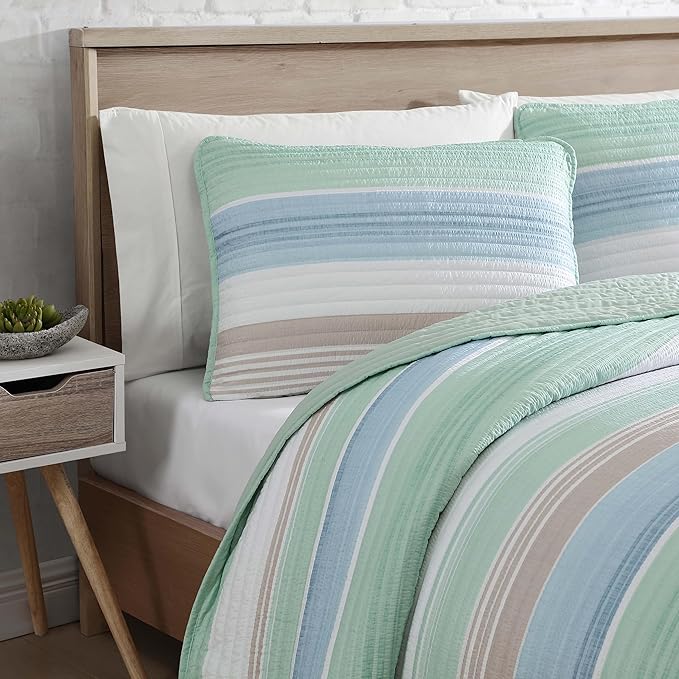 Beatrice Home Fashions Coralinn Striped 2-Piece Quilt Set, Lightweight, All-Seasons, Twin, Sage Blue