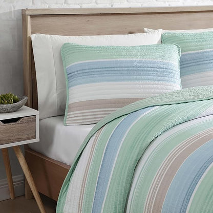 Beatrice Home Fashions Coralinn Striped 2-Piece Quilt Set, Lightweight, All-Seasons, Twin, Sage Blue