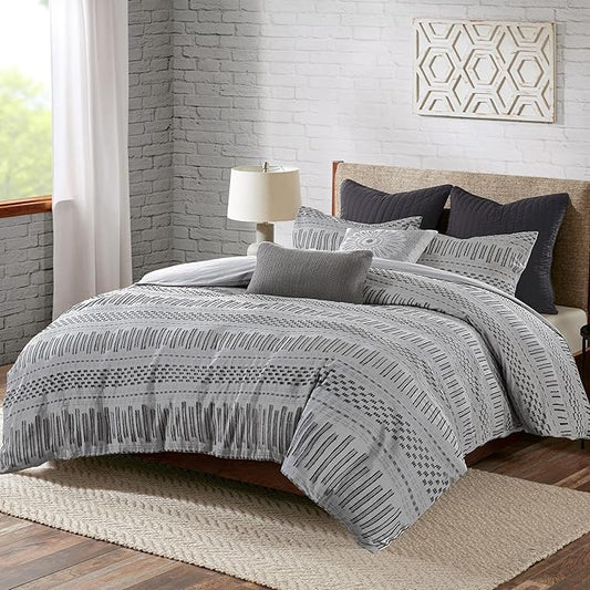 INK+IVY Luxurious Cotton-Bedding Set - Mid Century Trendy Geometric Design, All Season Cozy-Cover With Matching-Shams, Full/Queen, Rhea Jacquard Grey/Black