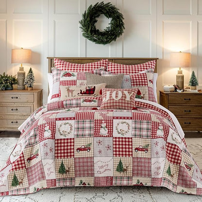 Levtex Home - Home for Christmas Bedspread Set - Queen Bedspread and Two Standard Shams - Patchwork - Green Red Taupe Cream - Bedspread (110X106in.) and Shams (20x26in.) - Cotton