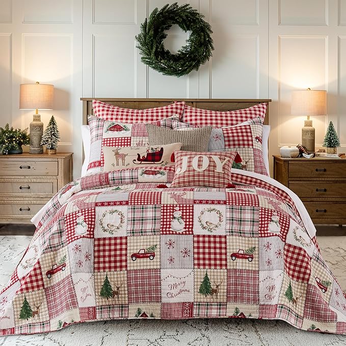 Levtex Home - Home for Christmas Bedspread Set - Twin Bedspread and One Standard Sham - Patchwork - Green Red Taupe Cream - Bedspread (80x106in.) and Sham (20x26in.) - Cotton/Polyester
