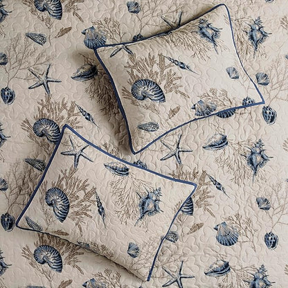 Madison Park Quilt Set Cottage Coastal Design, Starfish Print - All Season, Coverlet Bedspread Lightweight Bedding Layer, Shams, Toss Pillows, Full/Queen(90"x90"), Bayside Blue/Ivory 6 Piece