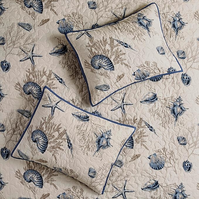 Madison Park Quilt Set Cottage Coastal Design, Starfish Print - All Season, Coverlet Bedspread Lightweight Bedding Layer, Shams, Toss Pillows, King/Cal King(104"x94"), Bayside Blue/Ivory 6 Piece