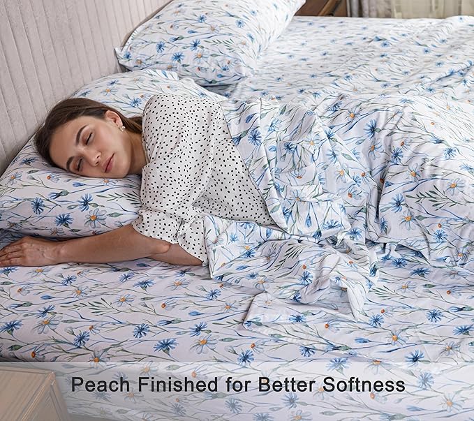 RUVANTI 100% Organic Cotton Sheets King Size, Percale Weave, GOTS Certified, 4-Piece Set, Deep Pocket 15", Crisp & Breathable, Soft Durable Bedding, Sábanas Algodón Orgánico – Daisy Bud