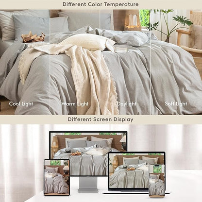 MooMee Striped Duvet Cover Set 100% Washed Cotton Linen Like Textured Breathable Durable Soft Comfy (Dark Grey White Pinstripes, King 104"x90")