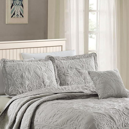 Home Soft Things Damask 4 Piece Bedspread Set, Scalloped Edge Reversible Coverlet Comforter Prewashed Bedding Set, Matelasse Embossed Floral Solid Pattern,Ash Gray Oversize King(120" x 120")