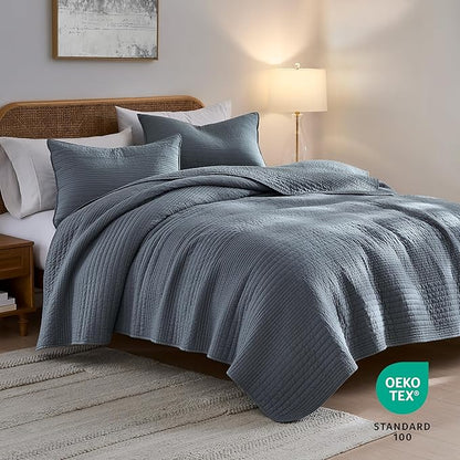 palassio Striped Blue Grey 100% Cotton Quilt Twin Size Bedding Sets, Lightweight Crinkly Channel Pick Stitch Textured Bedspread Soft Shabby Chic Farmhouse Country Coverlet for All Season, 1 Sham