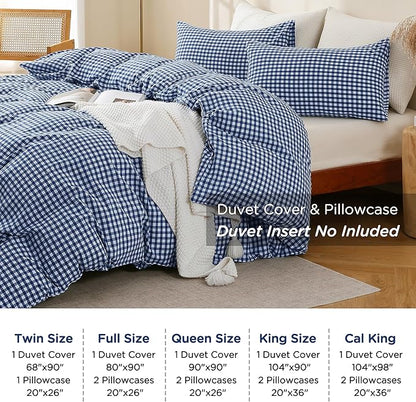 TOCOMOA Navy Blue Gingham Duvet Cover Bedding Set 100% Washed Cotton Like Linen Feel Super Soft Comfy 3 Piece Dark Blue Plaid Checkered Comforter Cover Set (Queen 90"x90", Comforter Not Included)