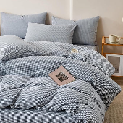 EAVD Modern Style Gingham Duvet Cover Twin Soft 100% Washed Cotton Blue and White Plaid Duvet Cover Set with 2 Pillowcases Reversible Farmhouse Geometric Checkered Bedding Set with Zipper