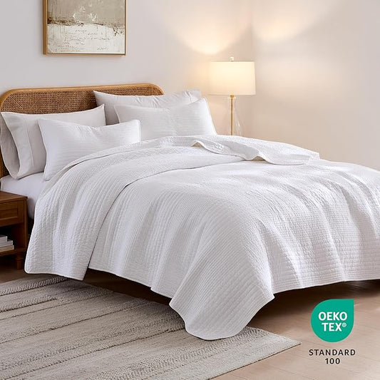 palassio Striped White 100% Cotton Quilt Twin Size Bedding Sets, Lightweight Crinkly Channel Pick Stitch Textured Bedspread Soft Shabby Chic Farmhouse Country Coverlet for All Season, 1 Sham