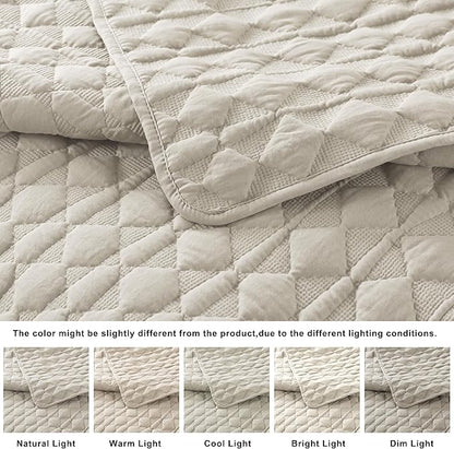 WDCOZY Light Beige Quilt King Size Bedding Set with 2 Pillow Shams, Lightweight Soft Bedspread Coverlet, Thin Comforter Bed Cover for All Season, 3 Pieces, 104x90 inches