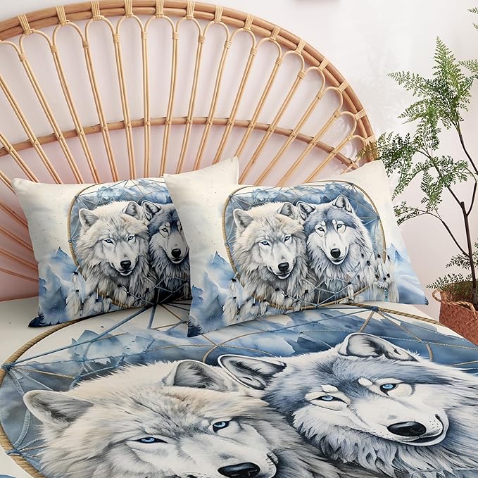 Light Grey Wolf Comforter Set Queen Size, Farmhouse Country Animal Print Bedding Sets for Adult, 3Pcs Soft Lightweight Microfiber Comforter with 2 Pillowcases/90 * 90