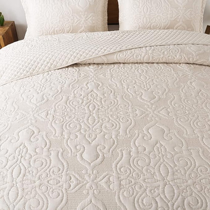 Travan 3-Piece Queen Quilt Set Quilted Bedspread Oversized Microfiber Lightweight Bedspread Coverlet Set with Shams Bedding Set for All Season, Beige, Queen Size