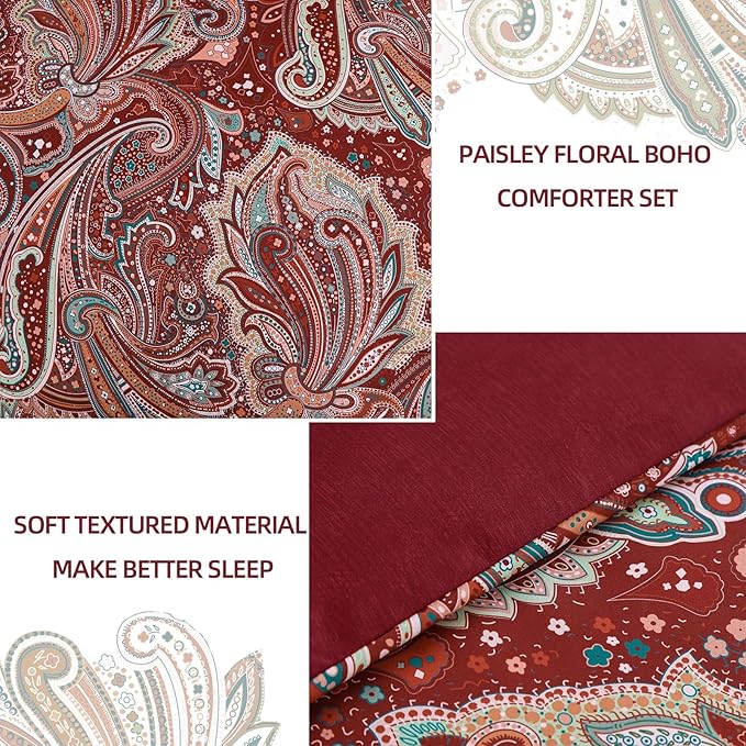 DJY Red Paisley Comforter Set King Size, 7 Piece Bed in a Bag Boho Paisley Pattern Comforter Set Soft Lightweight Microfiber Reversible Bedding Set for All Season (104''x90'')