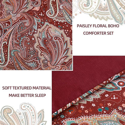 DJY Red Paisley Comforter Set King Size, 7 Piece Bed in a Bag Boho Paisley Pattern Comforter Set Soft Lightweight Microfiber Reversible Bedding Set for All Season (104''x90'')