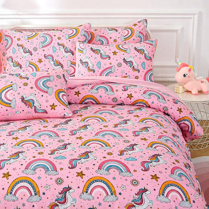 Glow in The Dark Kids Comforter Set, 5 Pieces Pink Unicorn Bedding Set Twin Size for Boys Girls Teen, 1 Comforter, 1 Pillowcase, 1 Pillow Sham,1 Flat Sheet, 1 Fitted Sheet