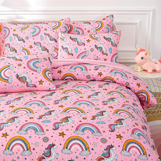 Glow in The Dark Kids Comforter Set, 7 Pieces Pink Unicorn Bedding Set Full Size for Boys Girls Teen, 1 Comforter, 2 Pillowcases, 2 Pillow Shams, 1 Flat Sheet, 1 Fitted Sheet