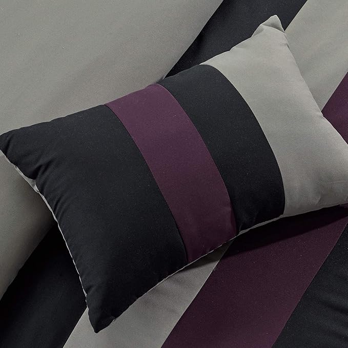 Chezmoi Collection Napa 7-Piece Luxury Leaves Scroll Embroidery Bedding Comforter Set (California King, Purple/Black/Gray)