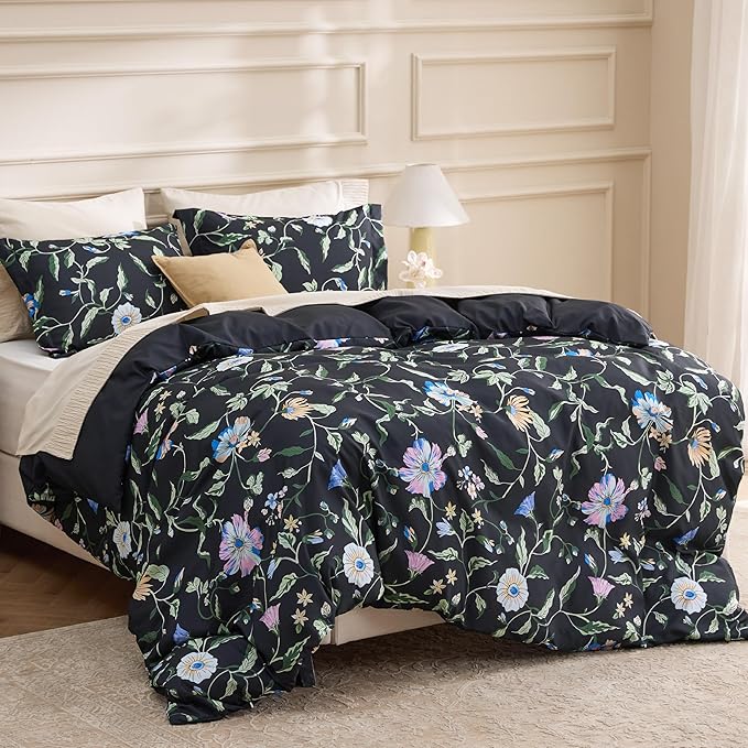 Bedsure Duvet Cover Queen Size - Reversible Black Vine Flowers Duvet Cover Set with Zipper Closure, 3 Pieces Black Bedding Set with 8 Corner Ties and 2 Pillow Shams 20"x26"