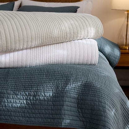 palassio Striped White 100% Cotton Quilt Twin Size Bedding Sets, Lightweight Crinkly Channel Pick Stitch Textured Bedspread Soft Shabby Chic Farmhouse Country Coverlet for All Season, 1 Sham