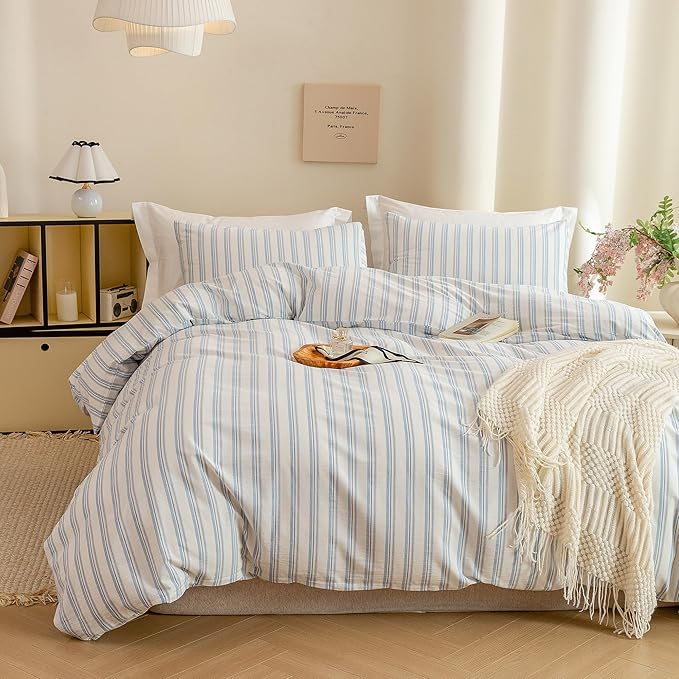 ECOCOTT Striped Duvet Cover Queen Size -100% Washed Cotton Linen Like Textured Breathable Durable Soft Comfy Bedding Set with Zipper Closure & Corner Ties