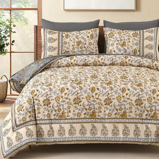 Dinjoy Comforter Set King Size Boho, Reversible Beige Bedding Paisley Floral 7 Piece Bed in a Bag Soft Lightweight Bohemain Comforters with Sheet Sets for All Season