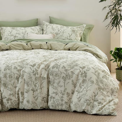 Bedsure Duvet Cover Queen Size - 100% Cotton Reversible Floral Queen Duvet Cover Set with Zipper Closure, 3 Pieces Soft & Breathable PureWoven Botanical Green Bedding Set with 2 Pillow Shams 20"x26"