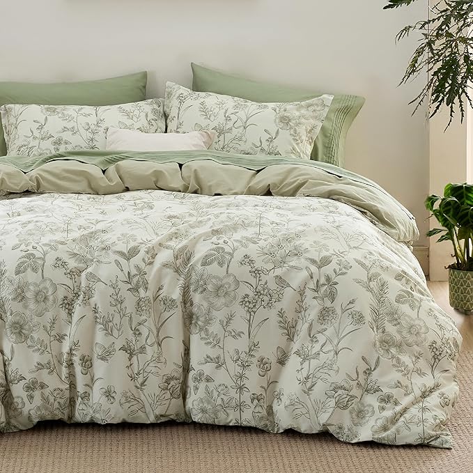 Bedsure Duvet Cover King Size - 100% Cotton Reversible Floral King Duvet Cover Set with Zipper Closure, 3 Pieces Soft & Breathable PureWoven Botanical Green Bedding Set with 2 Pillow Shams 20"x36"