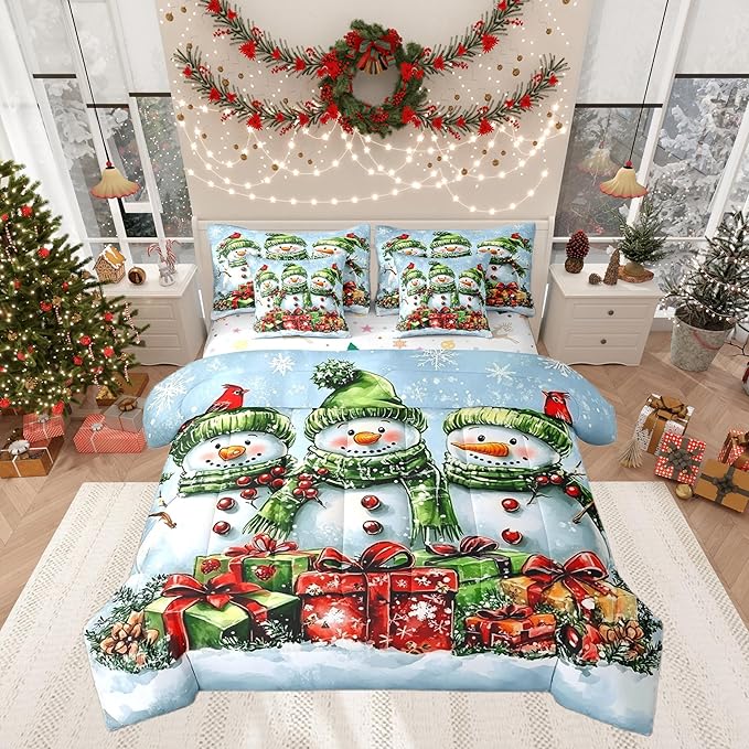 Castle Fairy Cute Winter Snowman Full Comforter Set with Sheets Bed in a Bag 7 Pcs, Botanical Leaves Bed Set,Farmhouse Style Bedding Sets with Comforter,Flat,Fitted Sheet,Pillowcases,Pillow Covers
