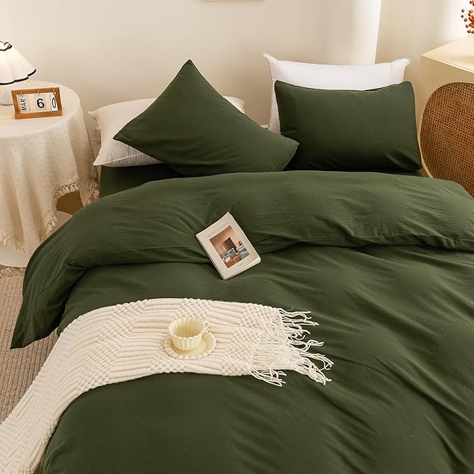 ECOCOTT 3 Pieces Duvet Cover King 100% Washed Cotton 1 Duvet Cover with Zipper and 2 Pillowcases, Ultra Soft and Easy Care Breathable Cozy Simple Style Bedding Set (Avocado Green)
