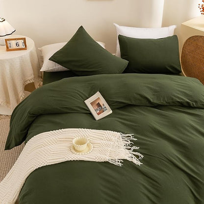 ECOCOTT 3 Pieces Duvet Cover Set Twin Size 100% Washed Cotton 1 Duvet Cover with Zipper and 2 Pillowcases, Ultra Soft and Easy Care Breathable Cozy Simple Style Bedding Set (Avocado Green)