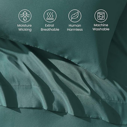 SLEEP ZONE Nanotex Super Soft Cooling Queen Bed Sheets Set 4 Piece - Easy Care Fitted Flat Sheet & Pillowcase Sets - Wrinkle Free, Fade Resistant, Deep Pocket 16" (Teal, Queen)