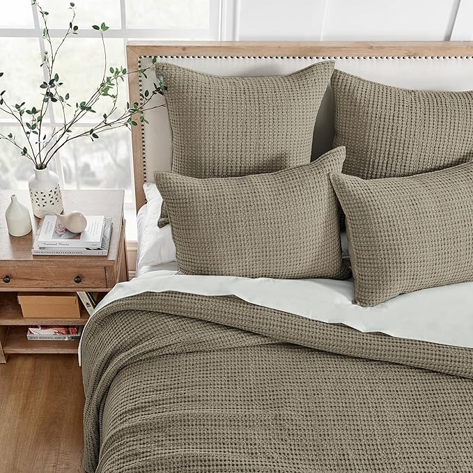 Levtex Home Mills Waffle Full Bedspread Set (100x104in) with 2 Pillow Shams (26x20in) - Taupe - Cotton Waffle Full Size Bedspread Set - Lightweight, Soft, Pre-Washed