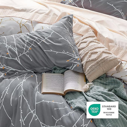 Bedsure Duvet Cover King Size - Reversible Tree Branch Duvet Cover Set with Zipper Closure, 3 Pieces Grey Bedding Set with 8 Corner Ties and 2 Pillow Shams 20"x36"