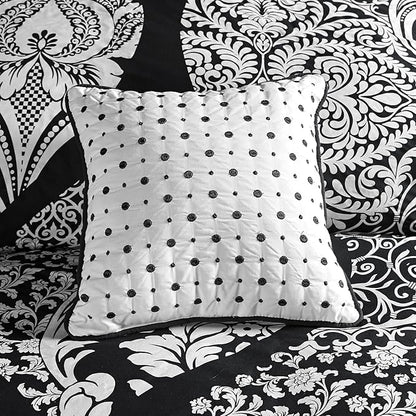 Madison Park Vienna Sateen Cotton Comforter Set, Breathable, Soft Cover, Trendy, All Season Down Alternative Cozy Bedding with Matching Shams, Queen, Black 7 Piece