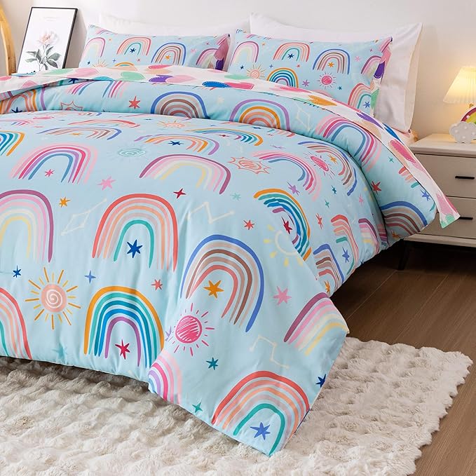 Btargot Lightweight Soft 3 Piece Rainbow Comforter Set with 2 Pillow Covers, Cartoon Love Hearts Suns and Stars Bedding Set for Girls Boys Kids, Twin Light Blue
