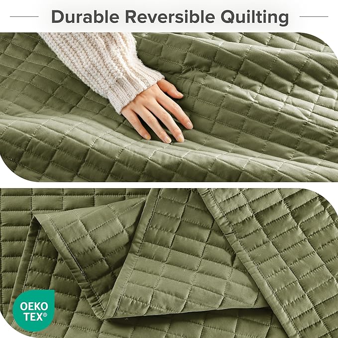 Comfort Spaces Queen Quilt Set Modern Reversible Plaid Coverlet Full Bedding Set Cozy Quilted Winter Layer, All Season Lightweight Soft Queen Size Quilt, Kienna, Full/Queen Olive Green 3 Piece
