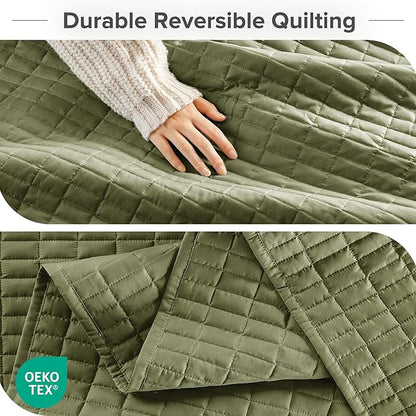 Comfort Spaces Queen Quilt Set Modern Reversible Plaid Coverlet Full Bedding Set Cozy Quilted Winter Layer, All Season Lightweight Soft Queen Size Quilt, Kienna, Full/Queen Olive Green 3 Piece